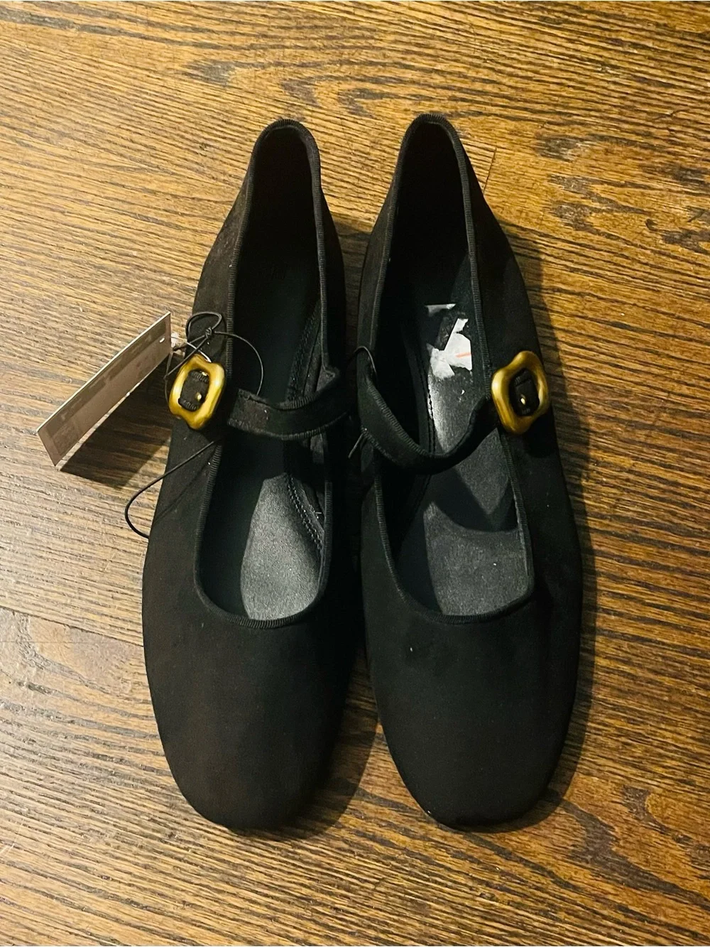 H&M Black Suede Mary Jane Flats with Gold Buckle size 11 NWT